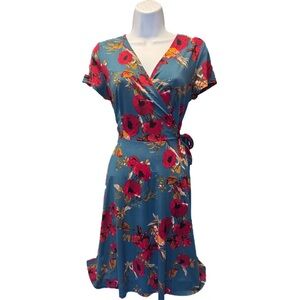 Kaileigh Blue and Red Floral Wrap Dress with Tie Waist